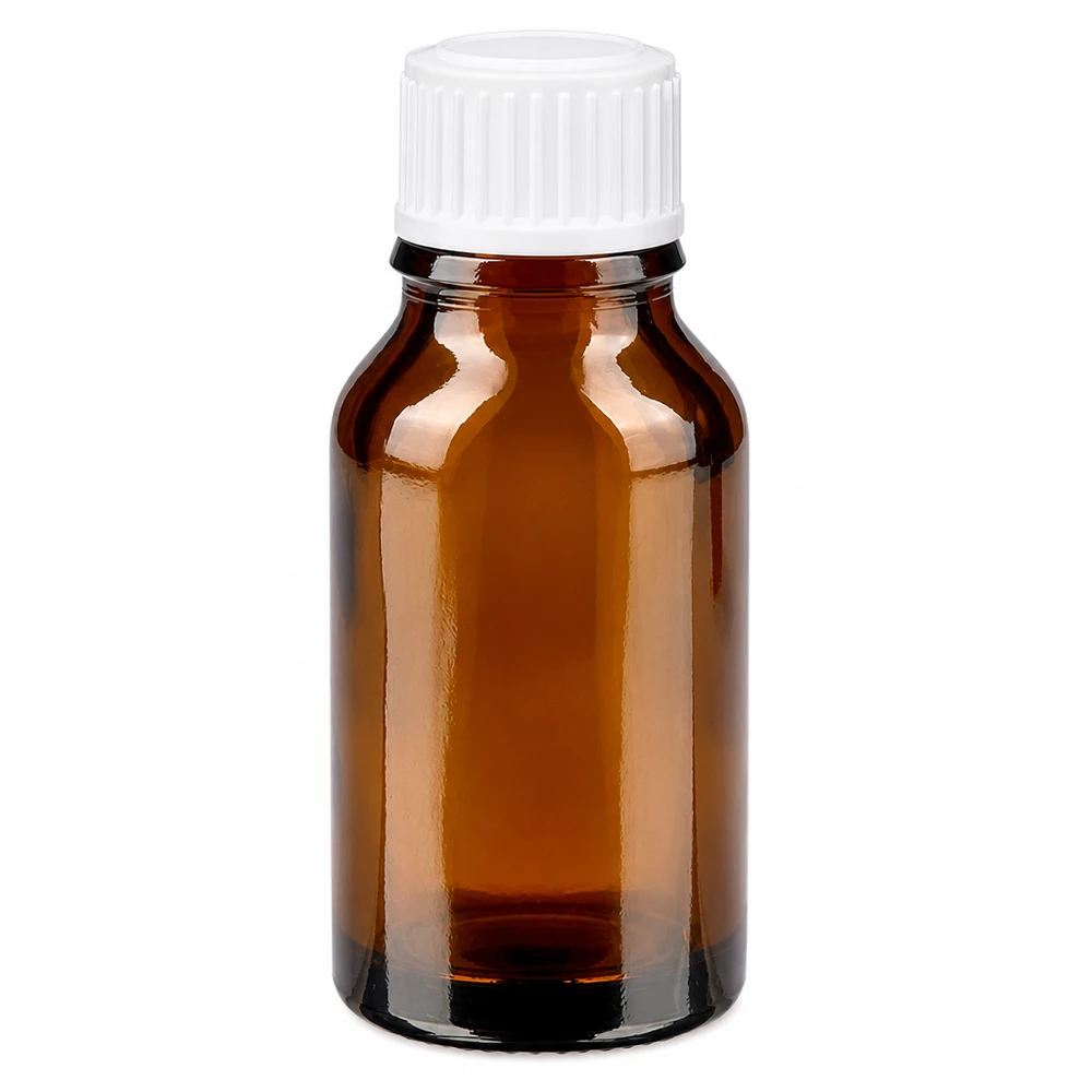 Apteekkipullo ruskea 15ml ruuvikorkki valkoinen standardi Ruskea 15 ml:n lasinen apteekkipullo, jossa on valkoinen kierrekorkki