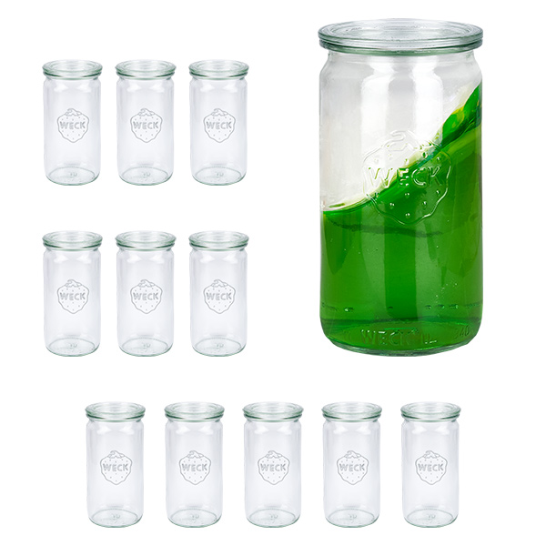 12 Weck-purkin setti 340ml sylinteripurkkeja, joissa on 12 lasikantta. 12 Weck-purkin setti 340ml sylinteripurkkeja, joissa on 12 lasikantta.