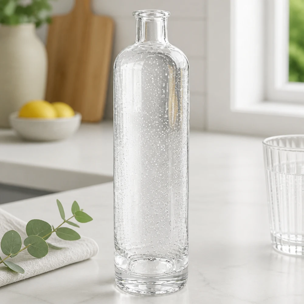 500ml Glasflasche Ella mit Sprudelwasser gefüllt elegante Küchenszene Bubbles sichtbar stilvolle Tischdekoration
