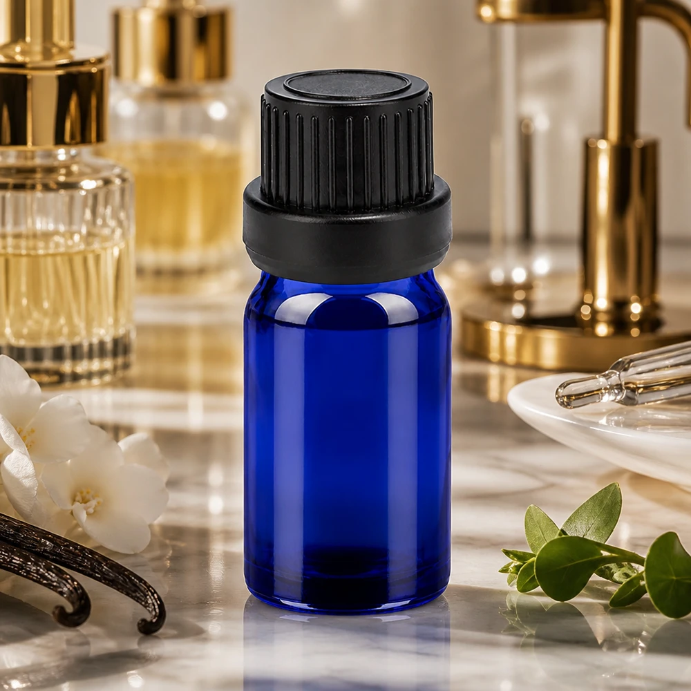 5ml sininen lasipullo mustalla korkilla ihanteellinen hajuvesi- ja tuoksuöljyille UT18/5