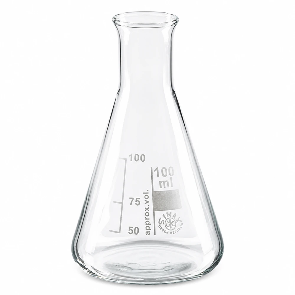 Erlenmeyer-pullo 100ml kapeakaulainen, kirkasta borosilikaattilasia, laboratoriosovelluksiin.