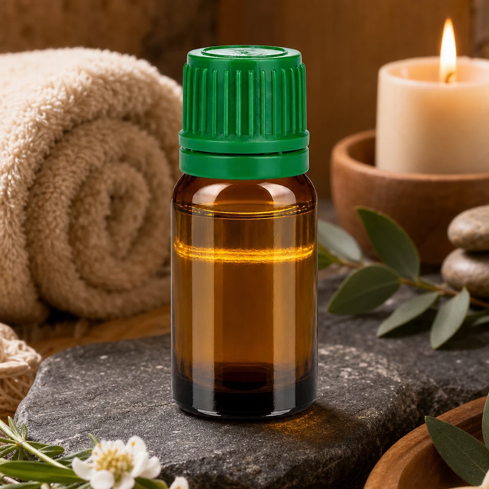Korkealaatuinen 10ml meripihkanvärinen lasipullo, jossa on ympäristöystävällinen vihreä korkki luonnonhoitotuotteille.