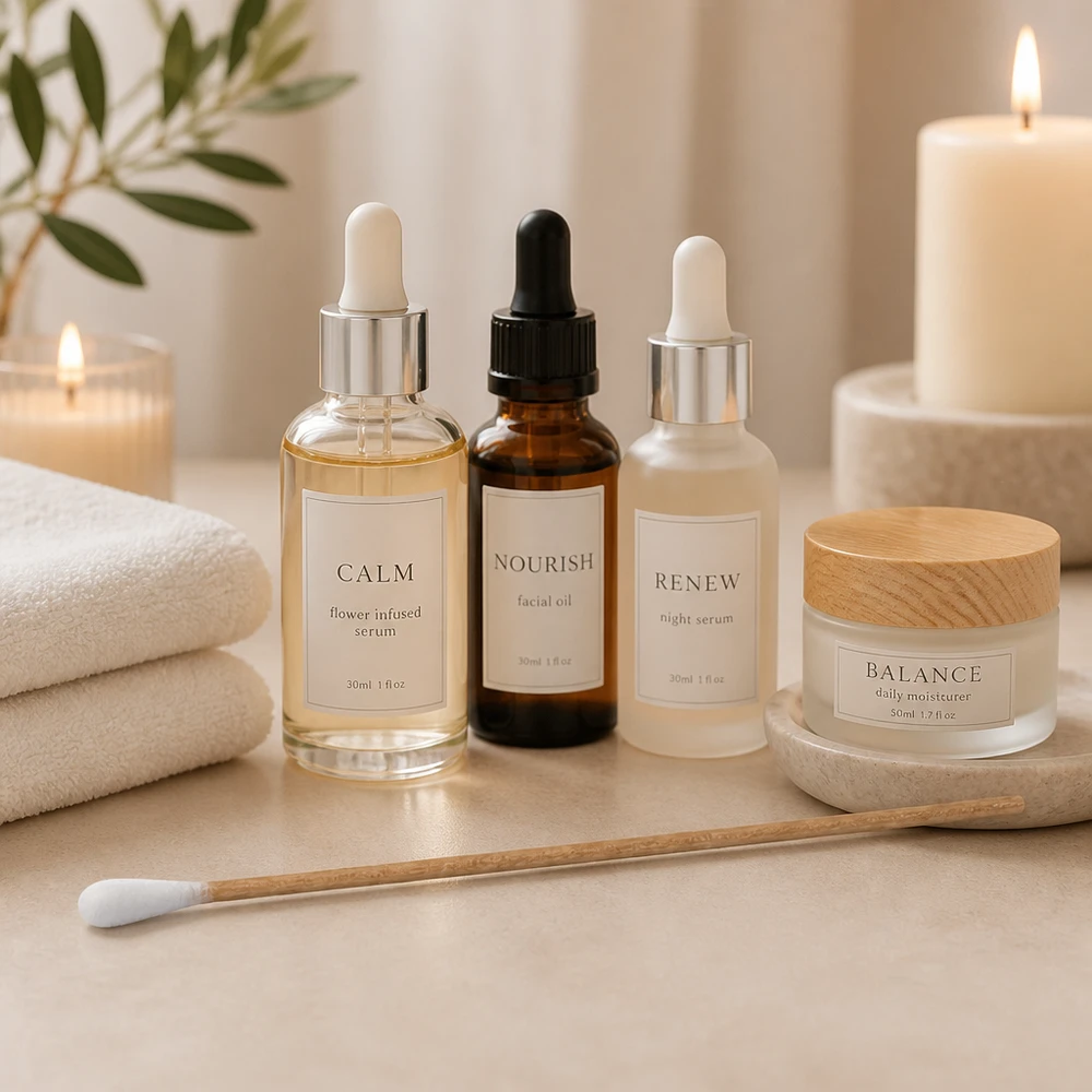 Pumpulipuikot UNSTERIL Steriloimattomat puuvillatikut, joissa on puukahva, Calm Serum- ja Balance Moisturizer -ihonhoitotuotteiden vieressä