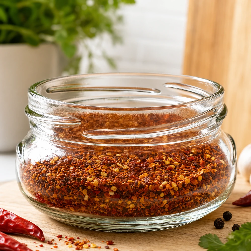 120ml terriinipurkki ilman kantta (TO70) UNiTWIST UNiTWIST UNiTWIST Terrina120 terriinipurkki 120ml TO70, jossa on chilimausteseos puulaudalla keittiössä