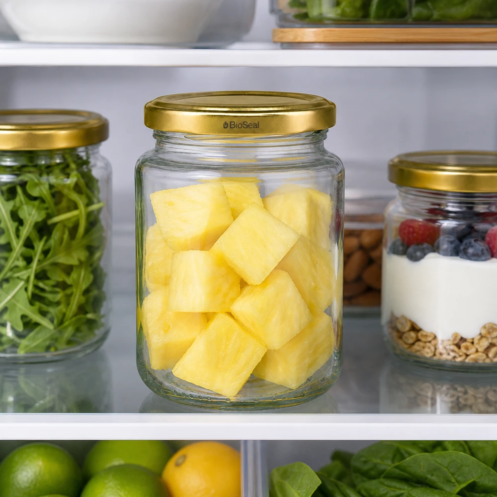 UNiTWIST Runda382 TO66 BioSeal-kannella jääkaapissa, ananaspalat säilytetään tuoreina, Meal Prep -säilytyspurkki