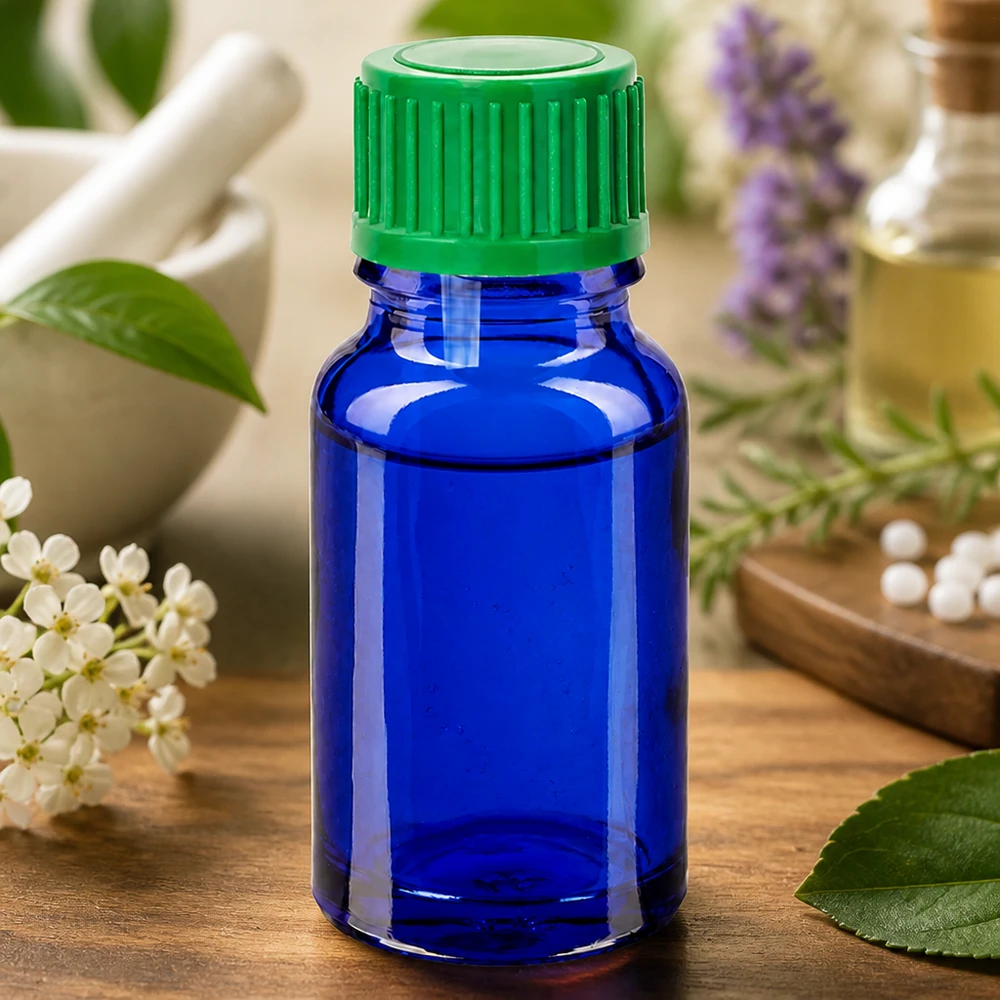 Kompakti 10ml tippapullo sinisestä lasista, jossa on vihreä korkki pienille annoksille.