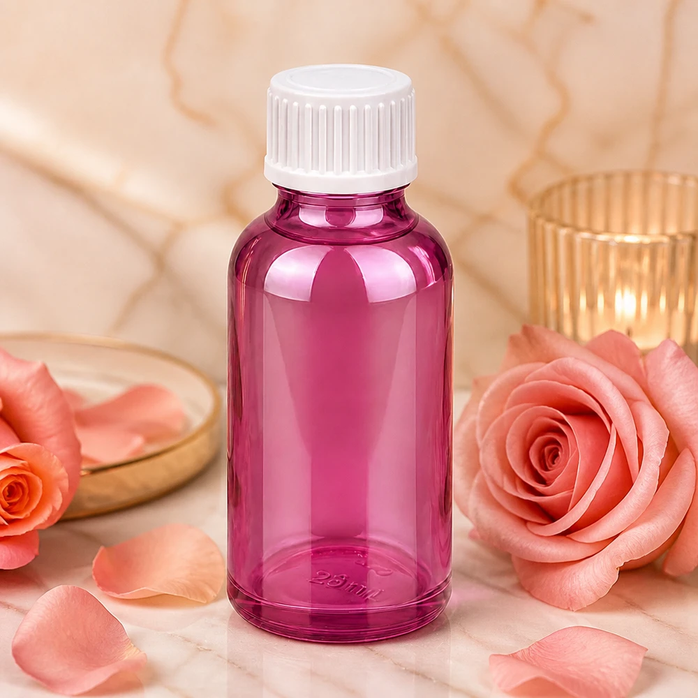 30ml tippapullo, valmistettu korkealaatuisesta muovista, violetti läpinäkyvä, valkoinen korkki.