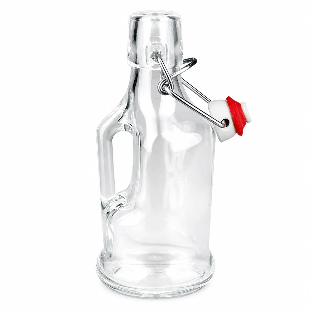 Lasipullo Bertha 200ml, jossa punainen tiivistysrengas kääntyvällä kannella, läpinäkyvää lasia, sivukahva.