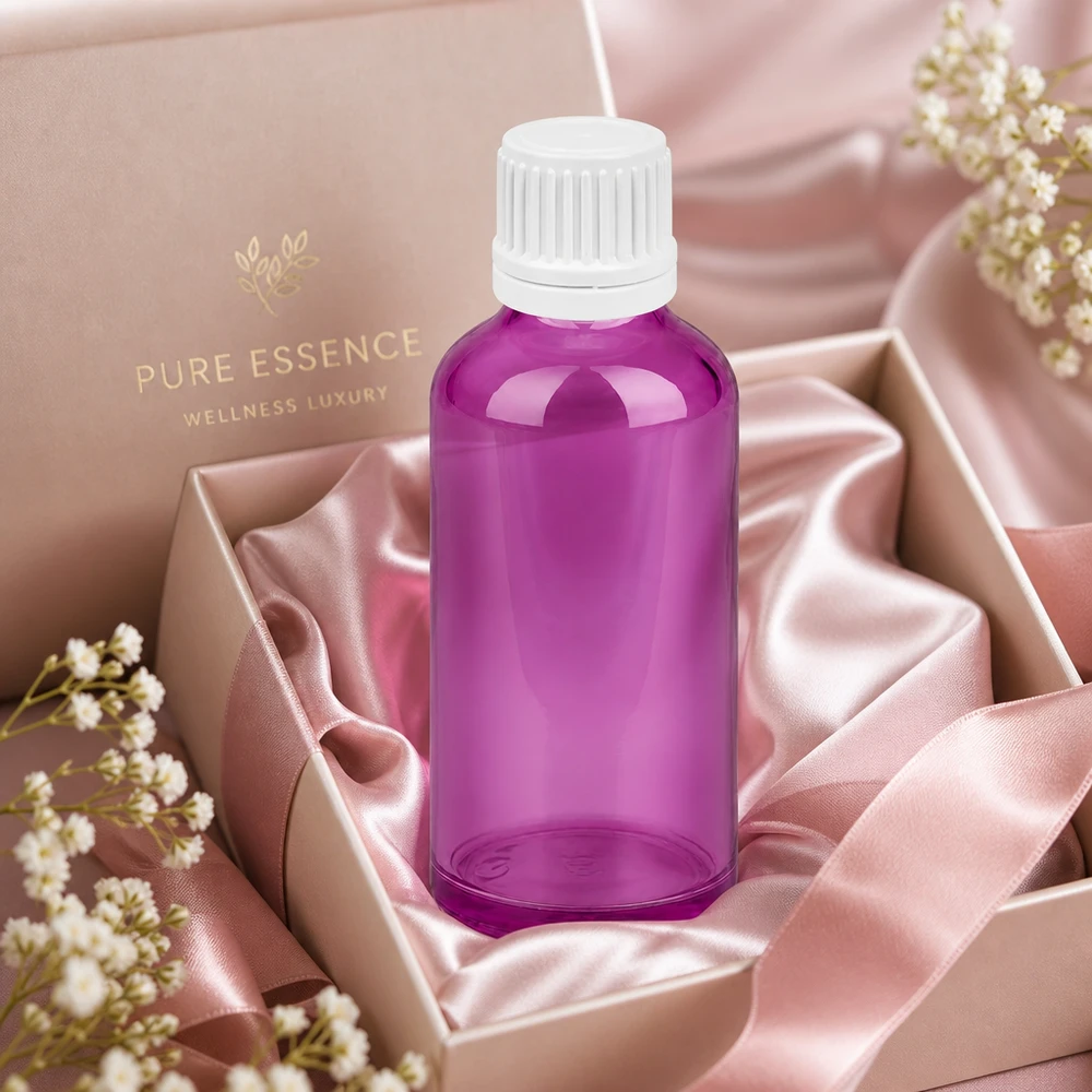 Elegantti 50ml pullo violetilla muotoilulla ja valkoisella korkilla korkealaatuisille esansseille.