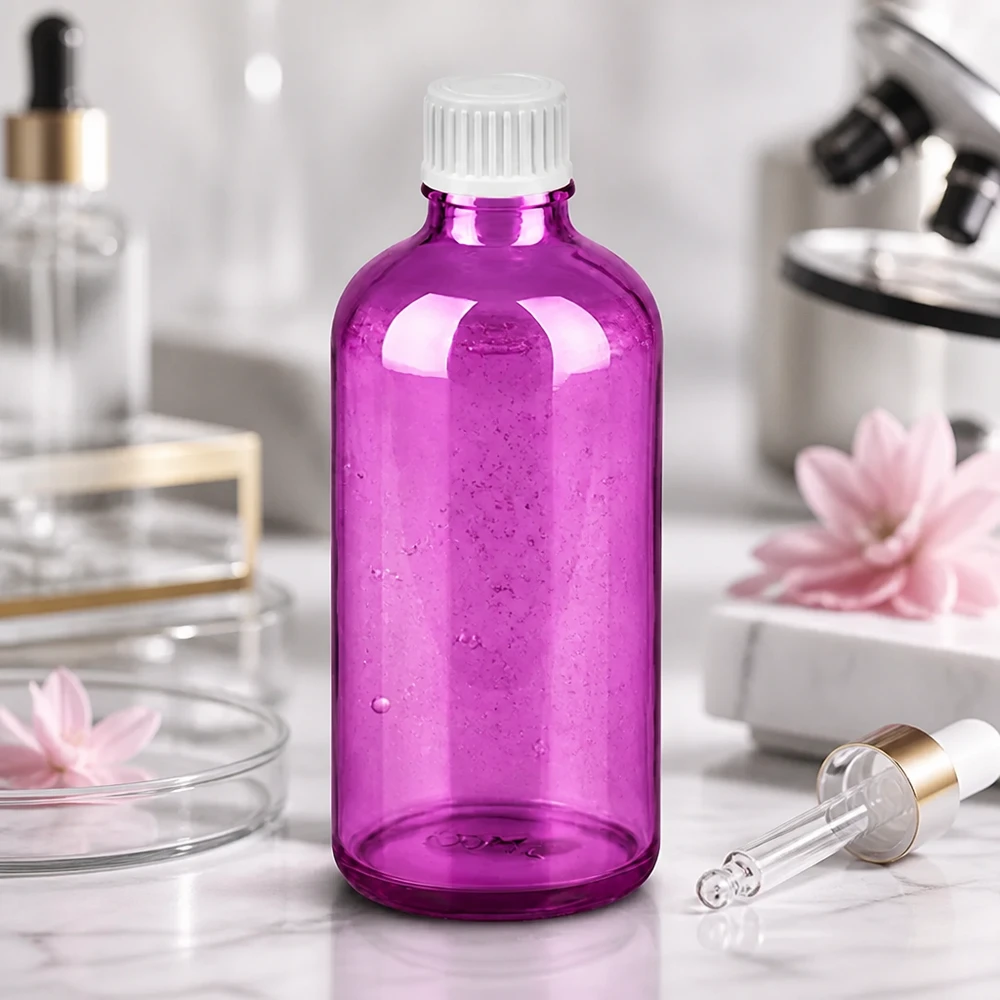 Violetti lasipullo 100ml, jossa on tarkka tiputustoiminto kosmetiikkaan ja laboratoriosovelluksiin.