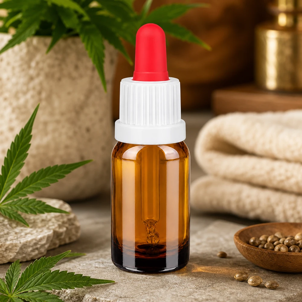 Pieni 10 ml:n pipettipullo ruskealla punaisella silikonipäällä kosmetiikan annosteluun tippa kerrallaan.