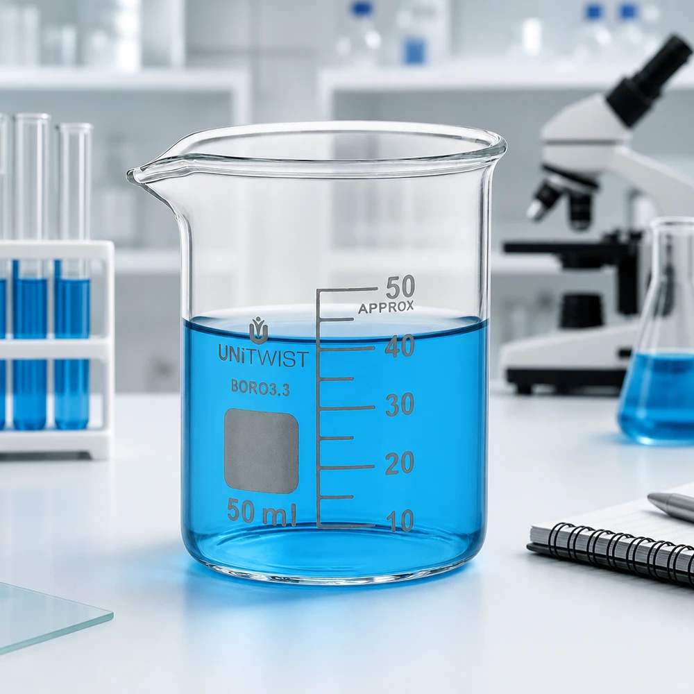 Laboratoriokuva: 50 ml:n UNiTWIST-mitta-astia, matala malli, jossa on sinistä nestettä 40 ml:n täyttötasoon asti