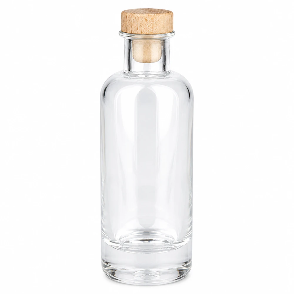 200ml lasipullo Ella puukorkilla läpinäkyvä tyhjä Tuotekuva valkoisella taustalla