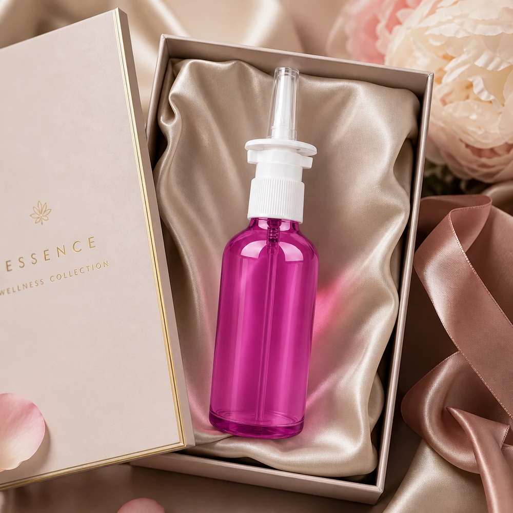 50ml nenäsumutepullo, jossa on valkoinen suihkupää ja suojakorkki ylellisellä violetilla viimeistelyllä.