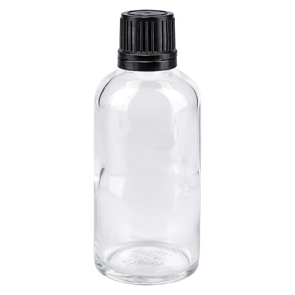 Apteekkipullo kirkas 50ml ruuvikorkki musta kaatorengas peukaloinnin estävä sulkeminen Apteekkipullo kirkas 50ml ruuvikorkki musta kaatorengas peukaloinnin estävä sulkeminen