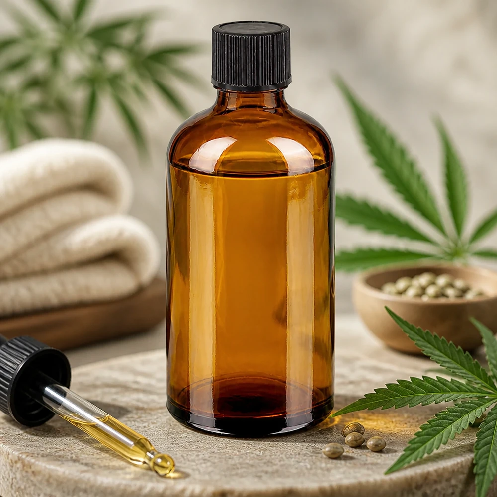 Korkealaatuinen 100ml meripihkanvärinen lasipullo, jossa on vakiomuotoinen musta tippakorkki farmaseuttisiin sovelluksiin.