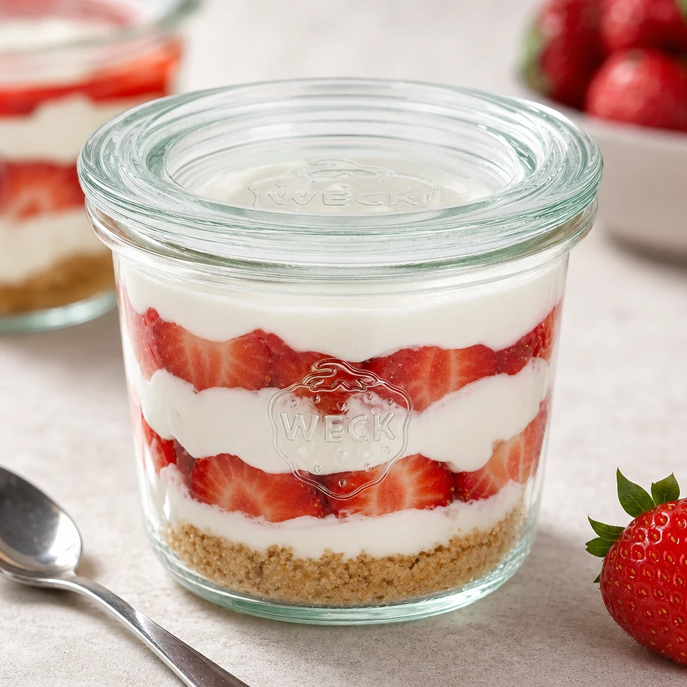 WECK tumblers 80ml RR60 täynnä mansikkakermalla täytetty jälkiruoka osoittaa monipuolisen käytön jälkiruokapurkkina ja annospurkkina.