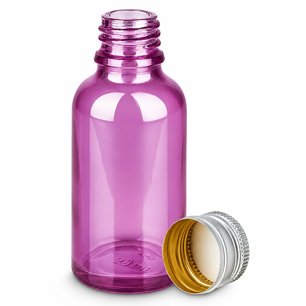 30ml pullo 11mm ruuvikorkki alumiini-hopea vakio PurpleLine.UT18/30 Purppuranpunainen 30ml tippapullo alumiinikannella eteerisille öljyille ja kosmetiikalle.