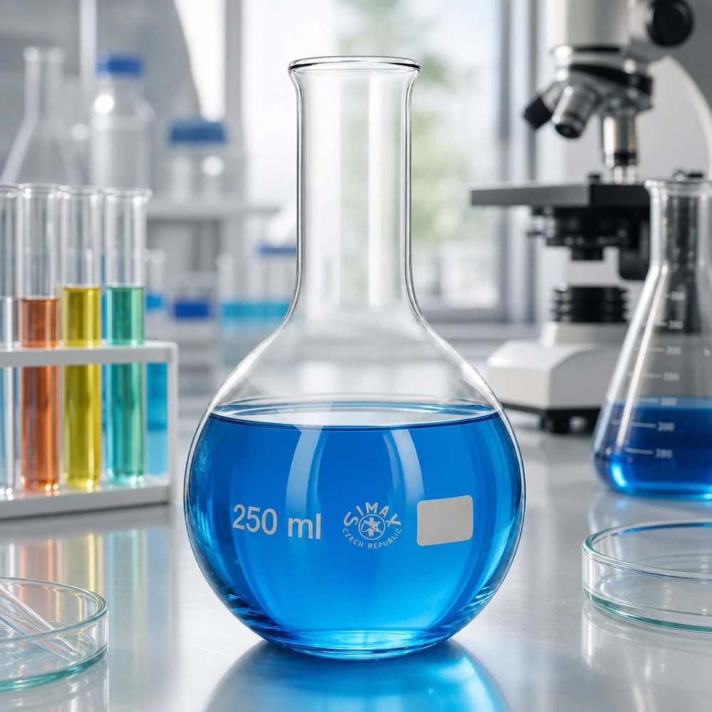Pullo 250ml kapeakaulainen Seisova pullo 250ml kapea kaula, jossa on sinistä nestettä laboratoriossa