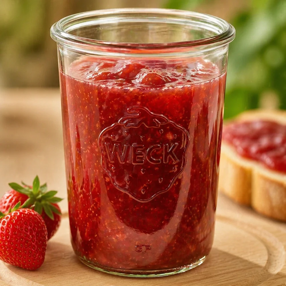 850ml juomalasit WECK RR100 850ml WECK Sturzglas RR100 mit Erdbeermarmelade gefüllt auf Holzbrett neben frischen Erdbeeren und Brot