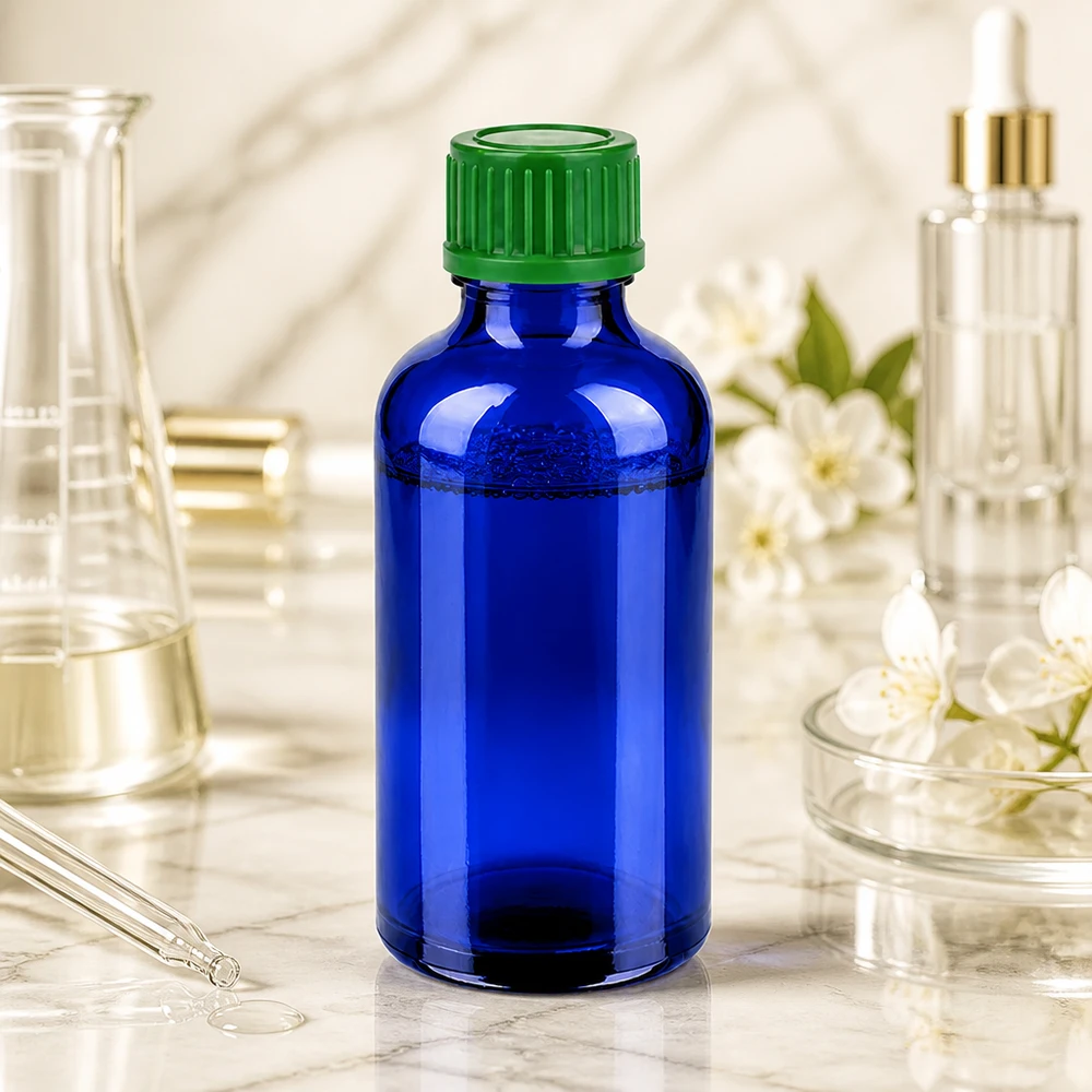50ml pullo 11mm kierrekorkki vihreä Standard BlueLine UT18/50 Standard BlueLine UT18/50 Sininen 50ml lasipullo, jossa 11mm kierrekorkki esanssien tarkkaa annostelua varten.
