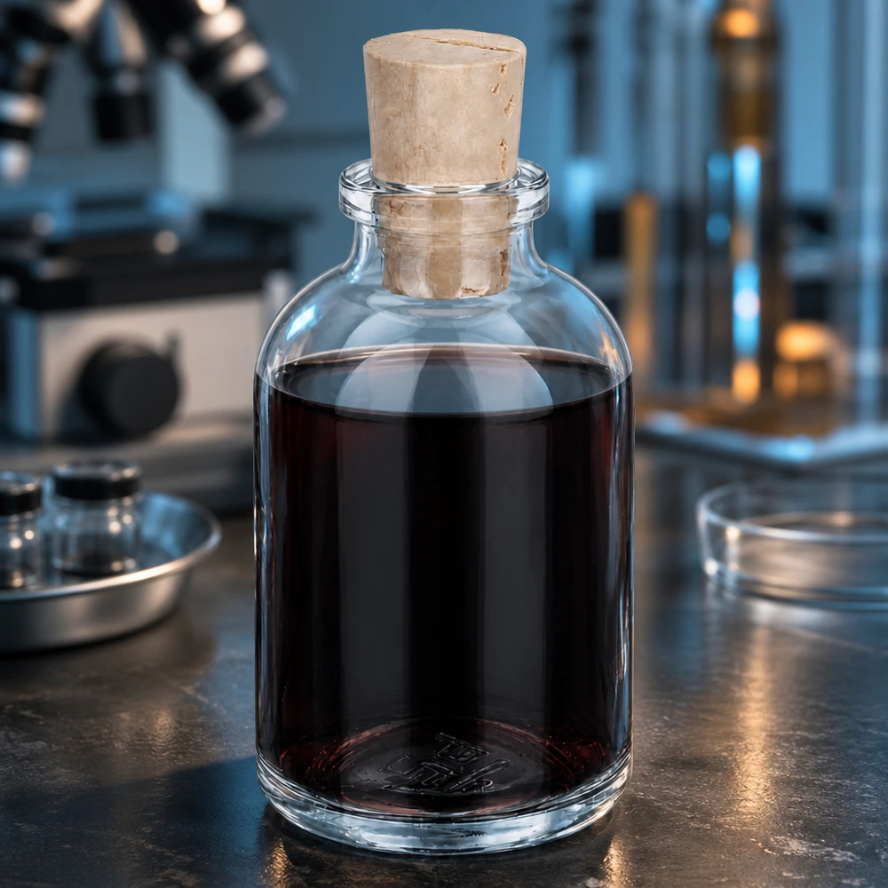 Kirkas lasipullo 50ml, jossa on korkki 11/14mm. Borosilikatglasflasche 50ml mit Korkstopfen im professionellen Laborumfeld mit Mikroskop