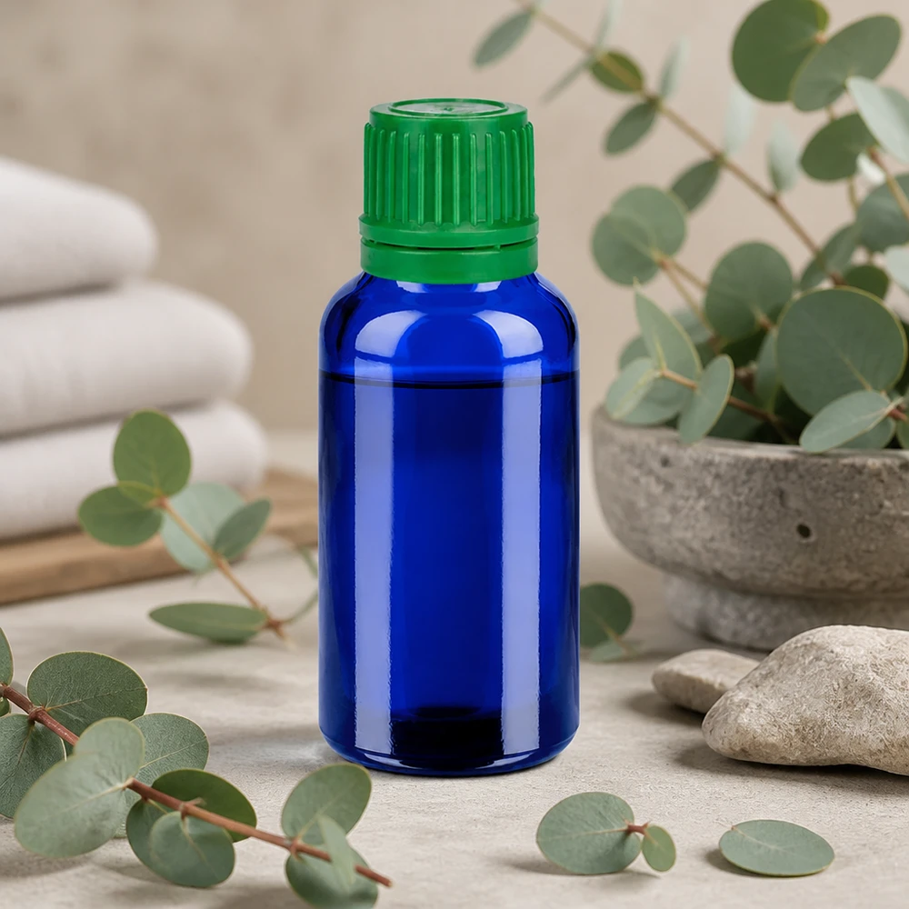 30ml kirkkaan sininen lasipullo, jossa on vihreä kierrekorkki luonnonkosmetiikkaa varten.