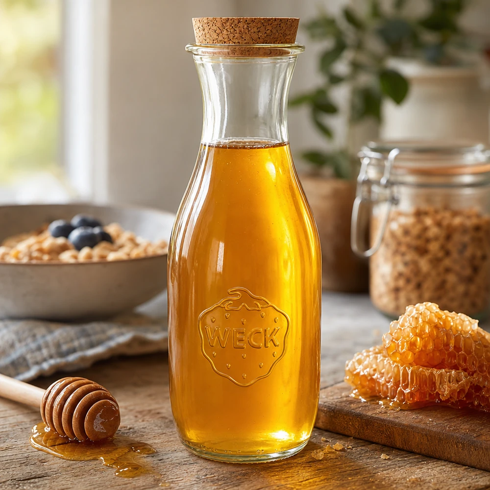 1062ml mehupullo WECK RR60 korkilla luonnonmukainen WECK mehupullo 1062ml täynnä kultaista hunajaa, luonnonkorkkia ja hunajakennohunajaa viihtyisässä keittiökuvassa.