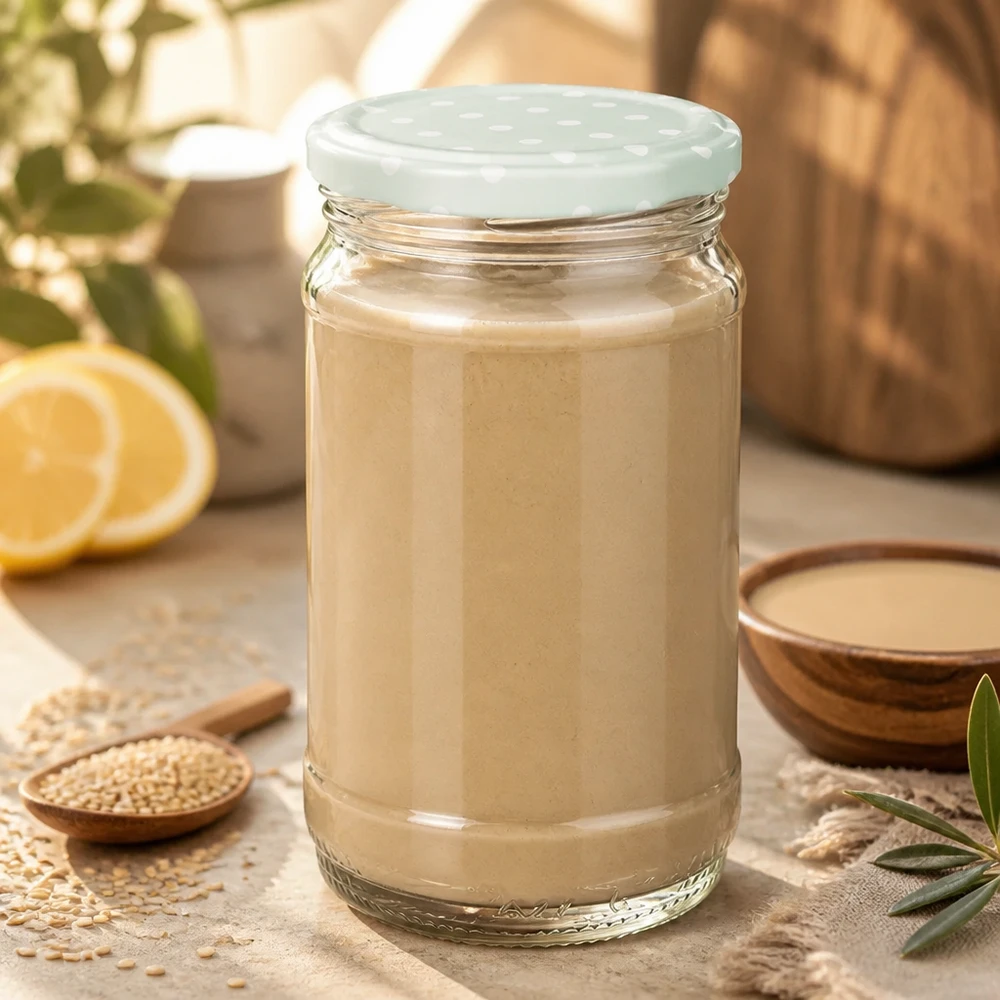 Tahini 370 ml:n UNiTWIST-pyöreässä lasipurkissa, jossa on mintunvihreä, pisteillä koristeltu BasicSeal-kansi, sekä seesam ja sitruuna