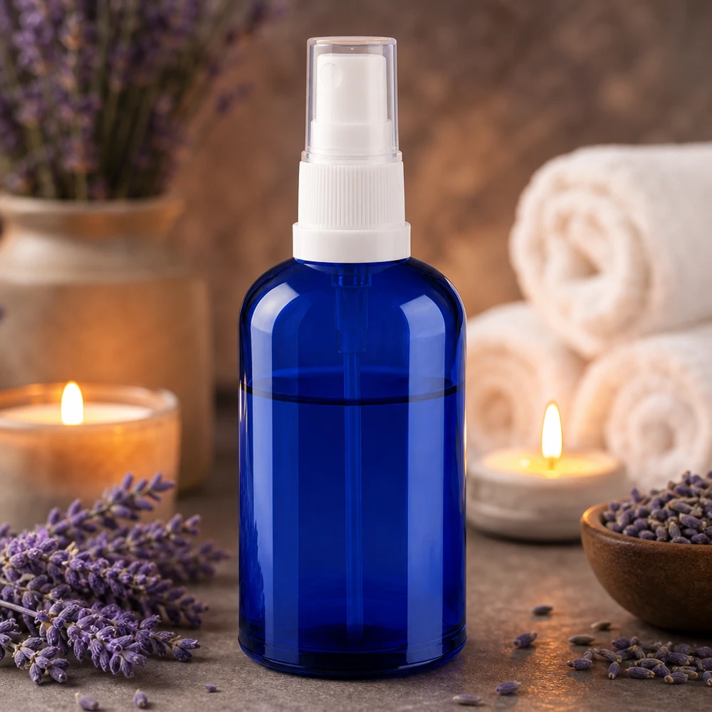 Sininen 100ml lasinen suihkepullo valkoisella pumppusumuttimella aromaterapiaan ja hyvinvointiin.