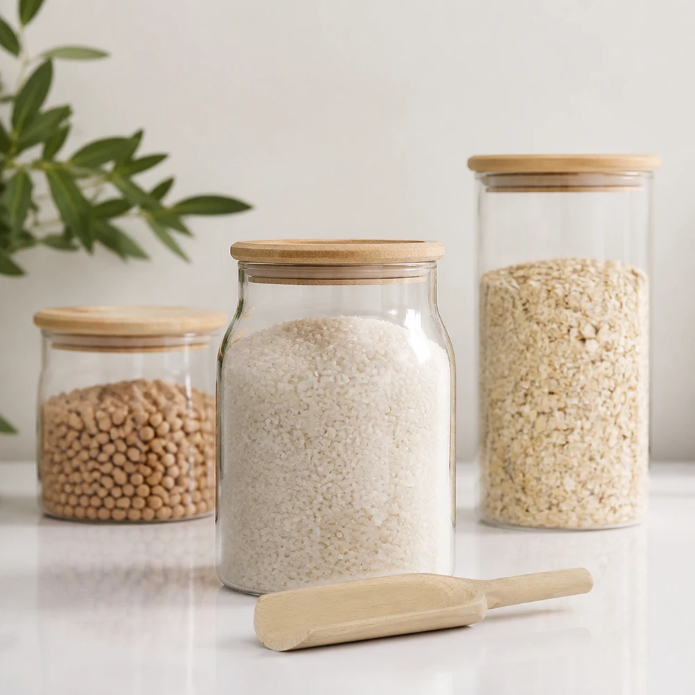 Puinen kauha L 18cm litteä säilytyspurkkien vieressä, joissa on riisimuroja ja palkokasveja Zero Waste keittiötarvikkeet