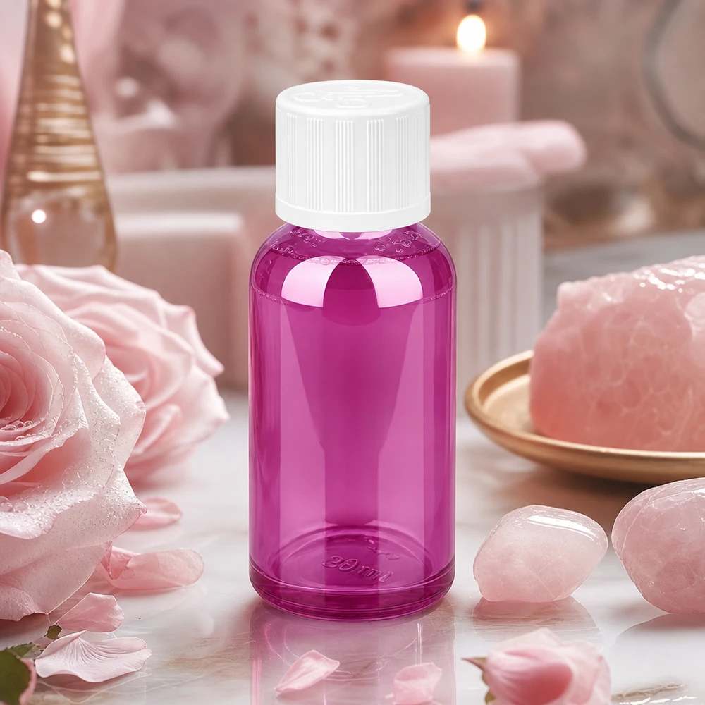 Pienikokoinen 30ml lasipullo herkän violetissa värissä - ihanteellinen matkoille ja liikkeelle.