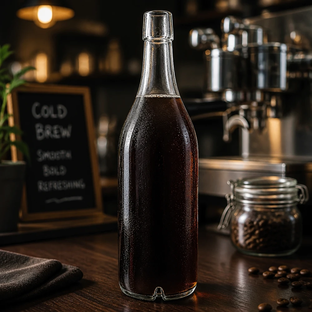 1000 ml:n lasipullo ilman kääntökorkkia UNiTWIST 1000ml lasipullo UNiTWIST täynnä Cold Brew Coffee kahvipapuja kahvitunnelma kierrekorkki tumma