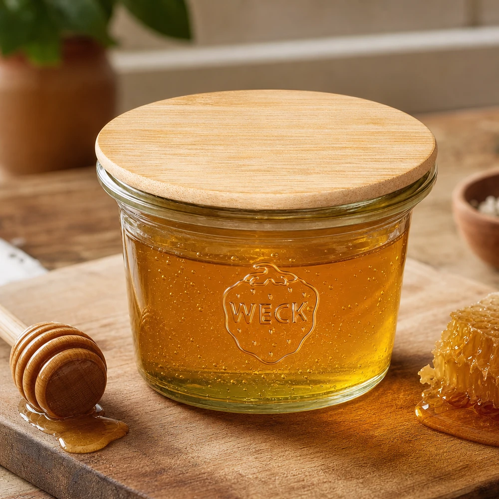 35ml minipurkki WECK RR40, jossa on puinen kansi WECK RR40 35ml muuripurkki, jossa on bambusta valmistettu puukansi ja joka on täytetty hunajalla, hunajaisen lusikan ja hunajakennon vieressä puisella alustalla.