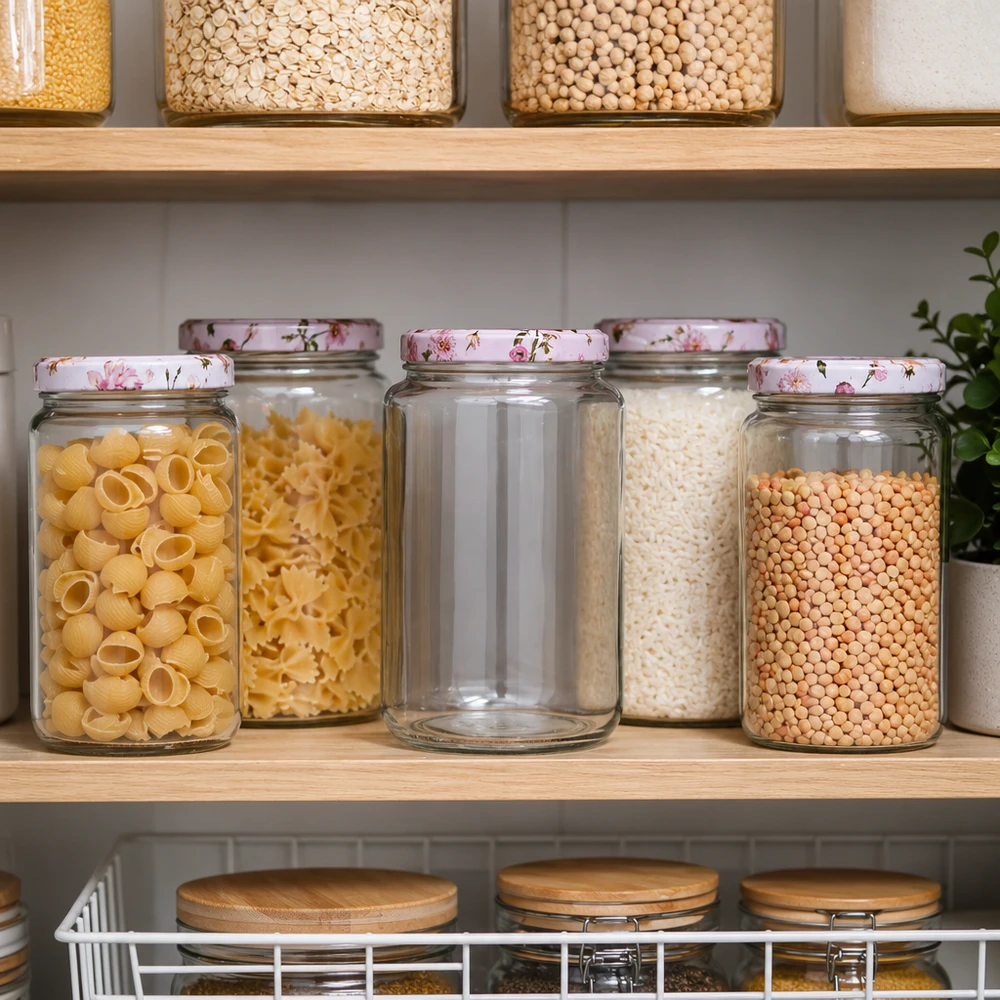 795ml pyöreä purkki BasicSeal kansi vaaleanpunaiset kukat järjestäytyneessä ruokakomerossa, jossa on pastaa riisiä linssejä säilytyskeittiöön