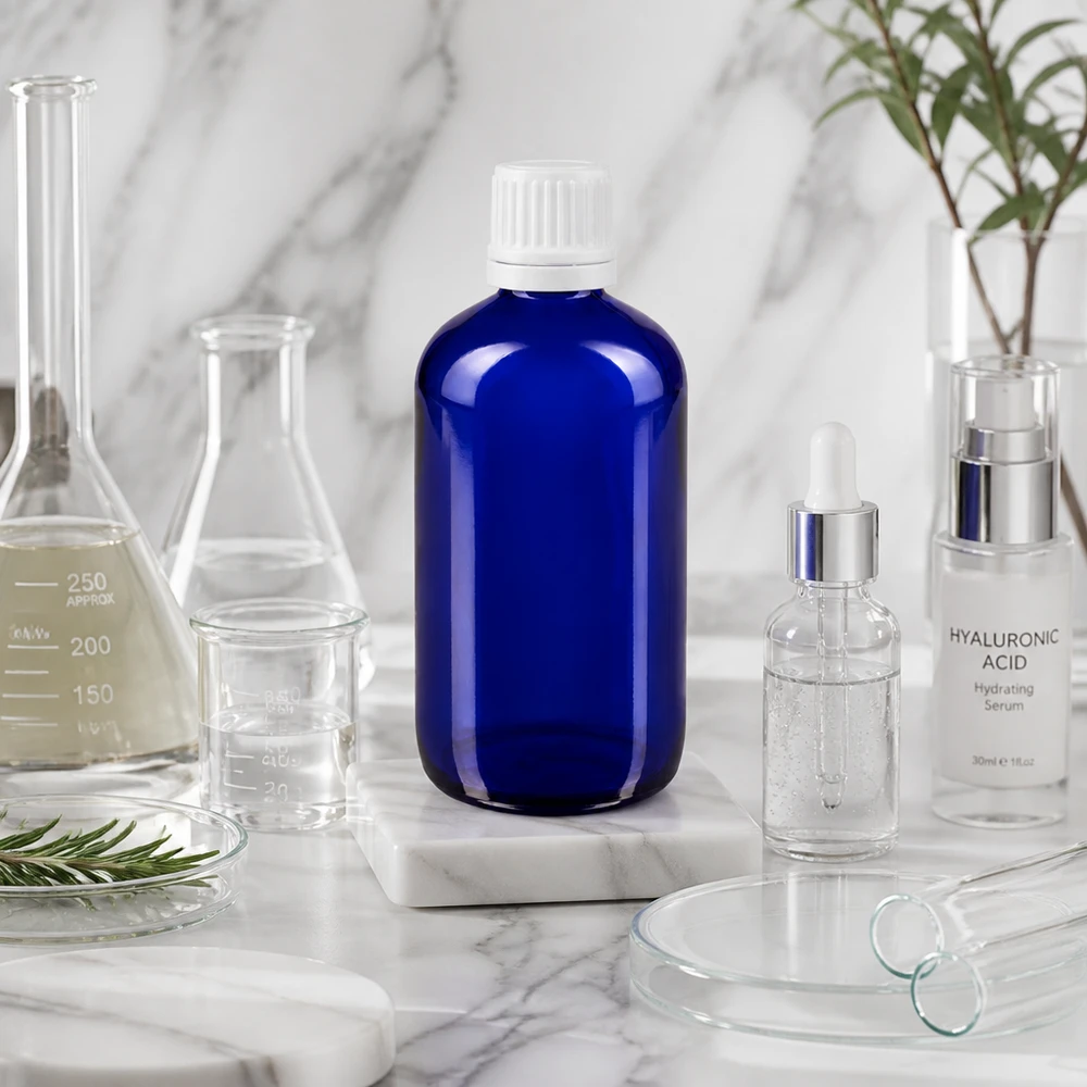 Sininen 100 ml:n lasipullo alkuperäiskorkilla hyaluronihapposeerumin ja laboratoriolaitteiden vieressä marmorilla