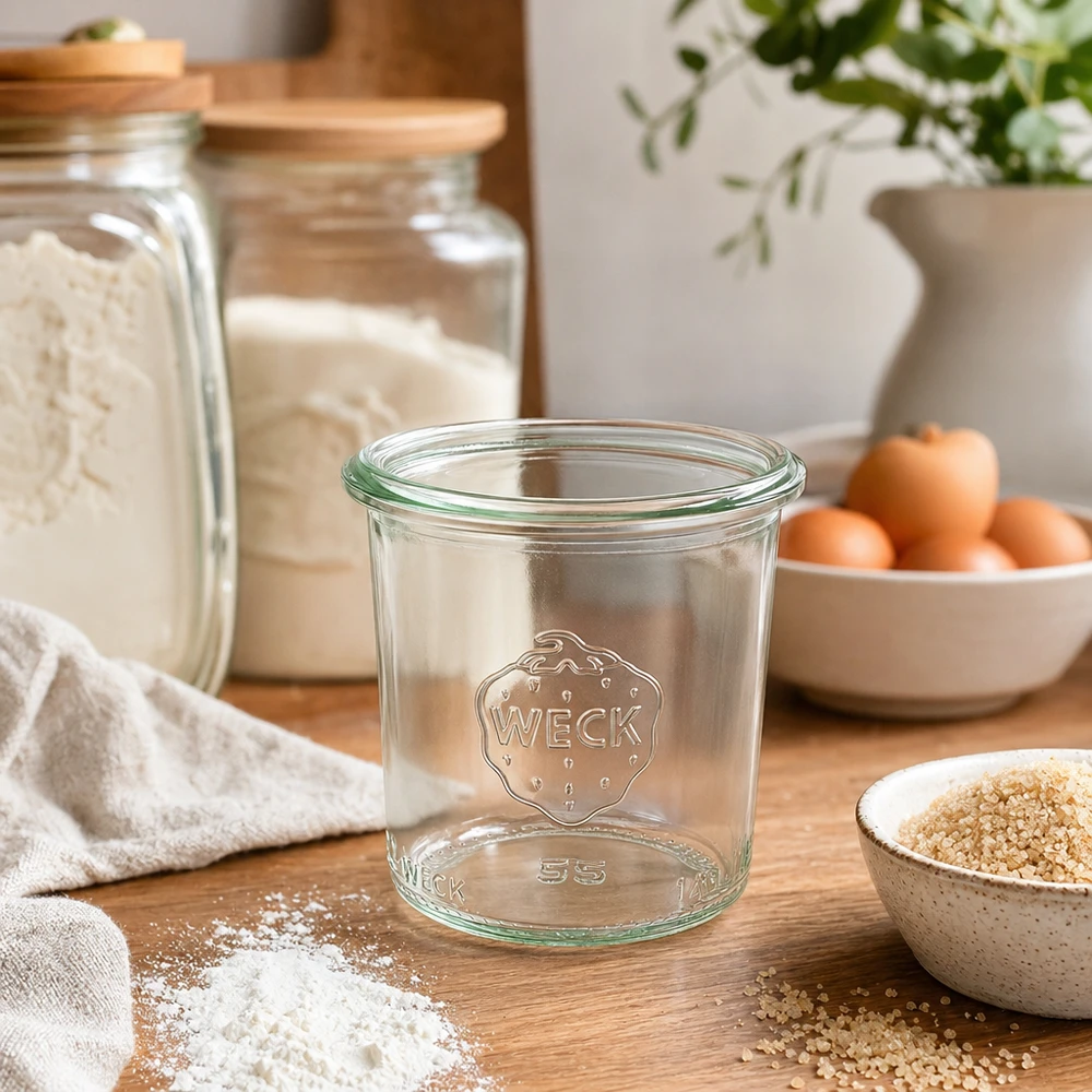 140ml WECK RR60 muuripurkki logolla puupöydällä modernissa keittiössä, jossa on säilytyspurkkeja ja ainesosia.