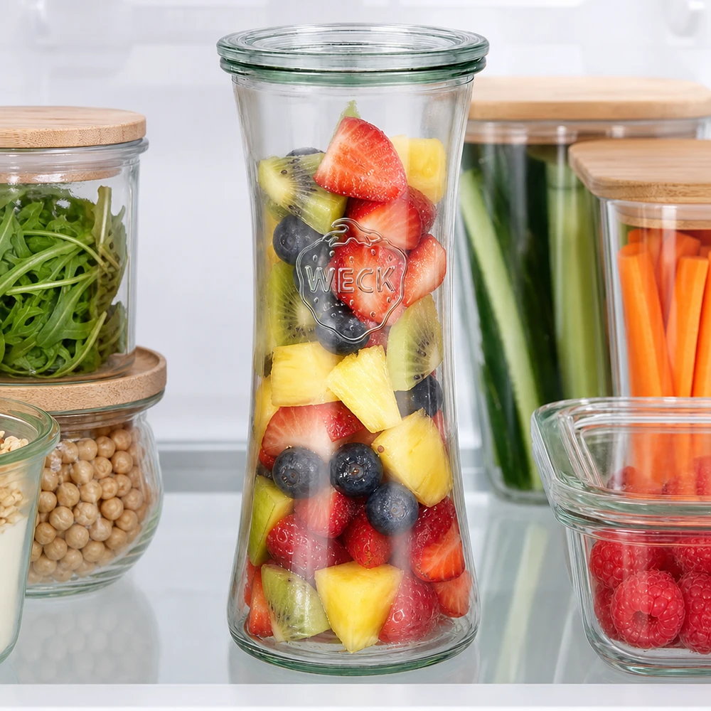 700ml herkkupurkki lasikannella WECK RR80 WECK Delikatessenglas 700ml RR80 mit buntem Obstsalat im Kühlschrank - perfekte Vorratshaltung für frische Früchte