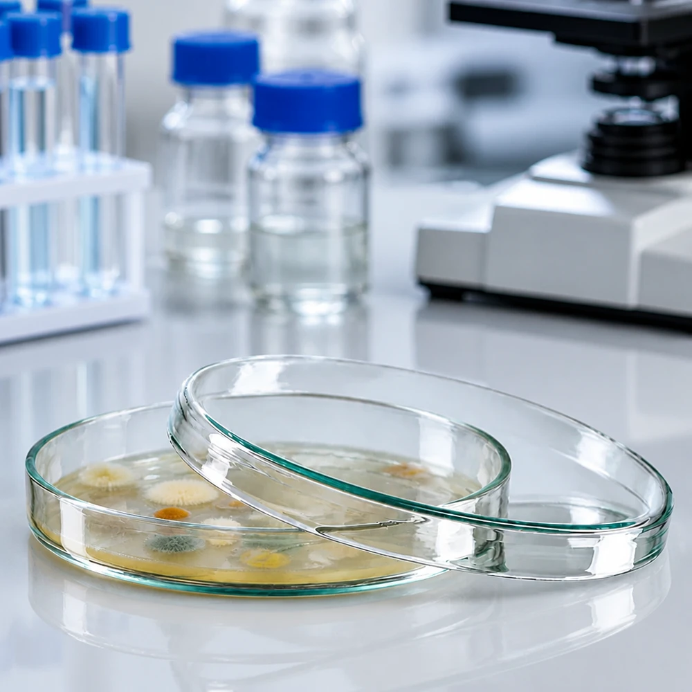 100 x 15 mm:n lasinen petrimalja, jossa on bakteeriviljelmiä mikrobiologisessa laboratoriossa