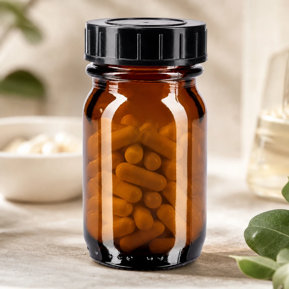 Pieni 30ml meripihkanvärinen lasipullo, jossa on leveä aukko, ihanteellinen pillereille ja lisäravinteille.