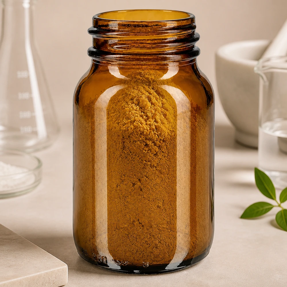 Leveäkaulainen pullo 250ml meripihkalasia, jossa on käytännöllinen kierre turvalliseen säilytykseen.