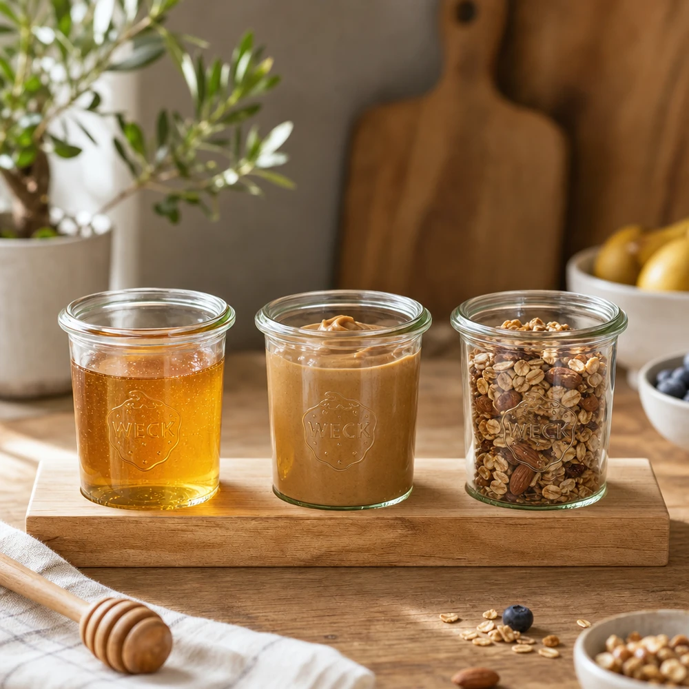 Tarjoilulautanen Plano3 ja 3 kpl Weck-lasipurkkia (160 ml) Puinen tarjoilulauta, jossa on 160 ml:n Weck-purkkeja täynnä hunajaa, pähkinävoita ja mysliä modernissa keittiössä.