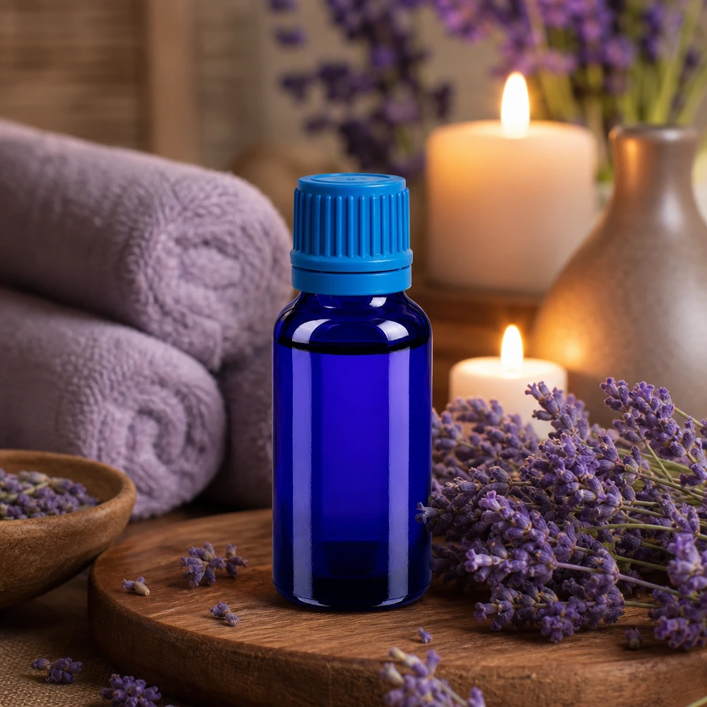 Pienikokoinen 20ml apteekkipullo koboltin sinisellä, lapsiturvallisella korkilla aromaterapiaan.