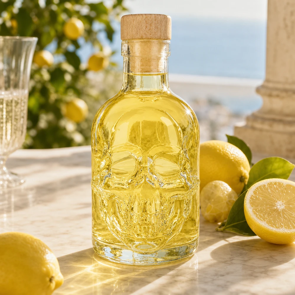 200ml Glasflasche "Jack" mit Holzgriff-Korken UNiTWIST Dekorative Glasflasche Jack 200ml mit gelbem Inhalt zwischen Zitronen, stilvolle Küchendeko mit Totenkopf-Relief