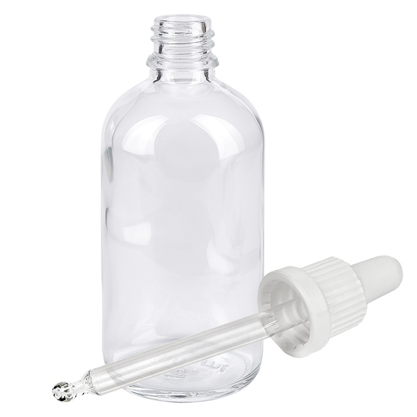 100ml pipettipullo valkoinen peukaloinnin estävä korkki ClearLine UT18/100 Tyhjä 100 ml:n lasipullo, jossa on valkoinen muovinen pipettikärki laboratoriokäyttöön