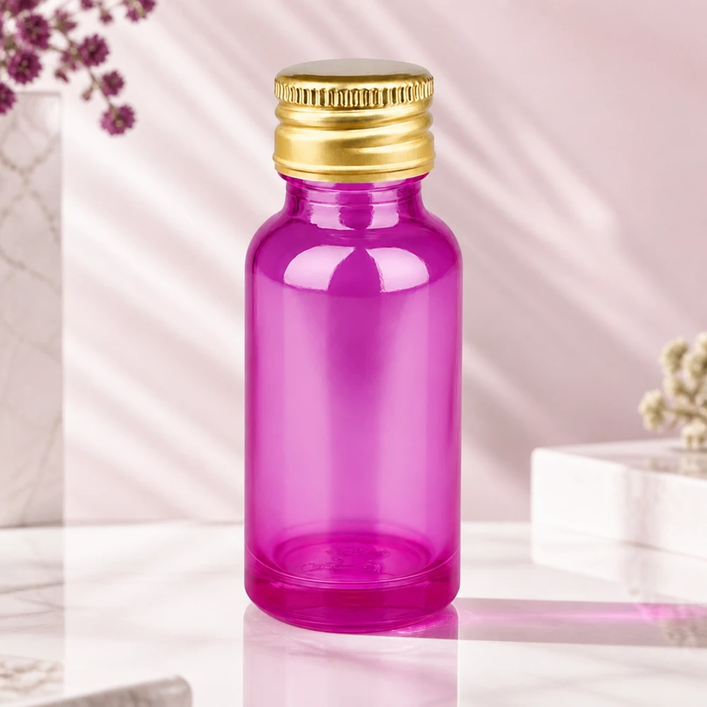Kompakti 20 ml violetti lasipullo, jossa on 11 mm:n vakiokierre ja kultainen korkki mobiilikäyttöön.