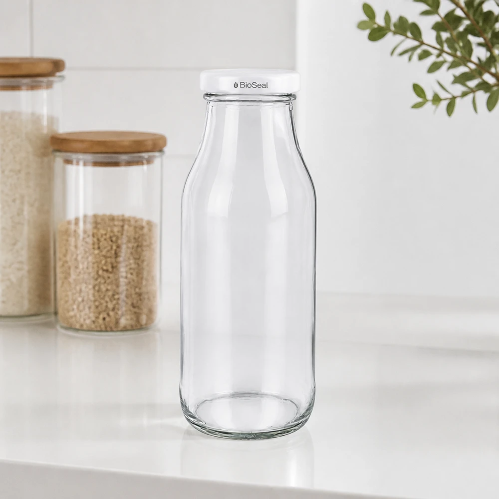UNiTWIST Bottle263 lasipullo valkoisella TO43 BioSeal-kannella valkoisella työtasolla säilytyspurkkien vieressä.