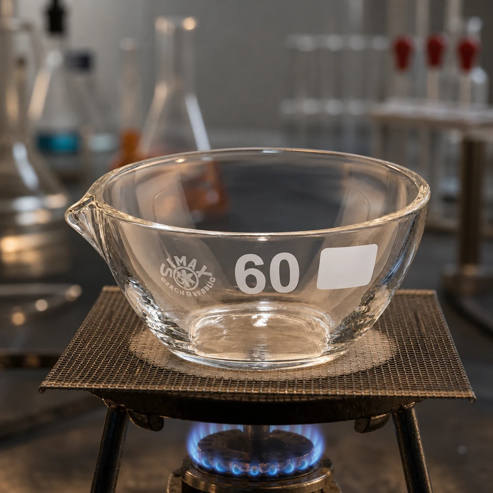 Laadukkaasta borosilikaatista valmistettu 45 ml:n ammattilaislaboratorioastia, jossa on ø60 mm:n suihkukaulus, tutkimukseen tarkoitettu