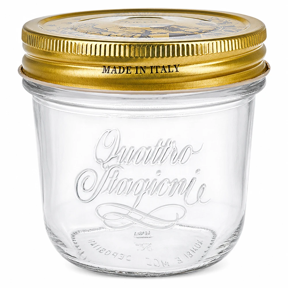 200ml "Quattro Stagioni" -mukit, joissa on kansi. 200ml Quattro Stagioni purkki kultaisella ruuvikannella Made in Italy Säilöntäpurkki säilykkeille ja hilloille.