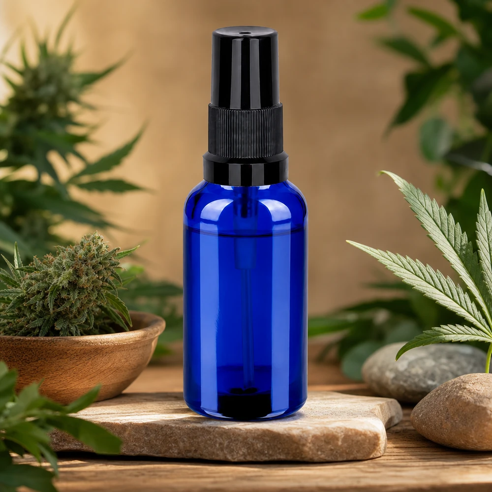 Pienikokoinen 30 ml:n suihkepullo sinisestä lasista, jossa ergonominen musta suihkupää.
